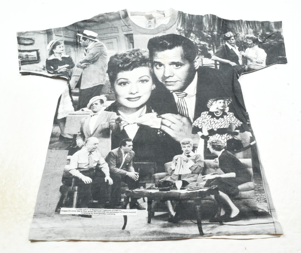 Vintage I Love Lucy All Over Print T-Shirt Mens XL Black White Short Sleeve Crew